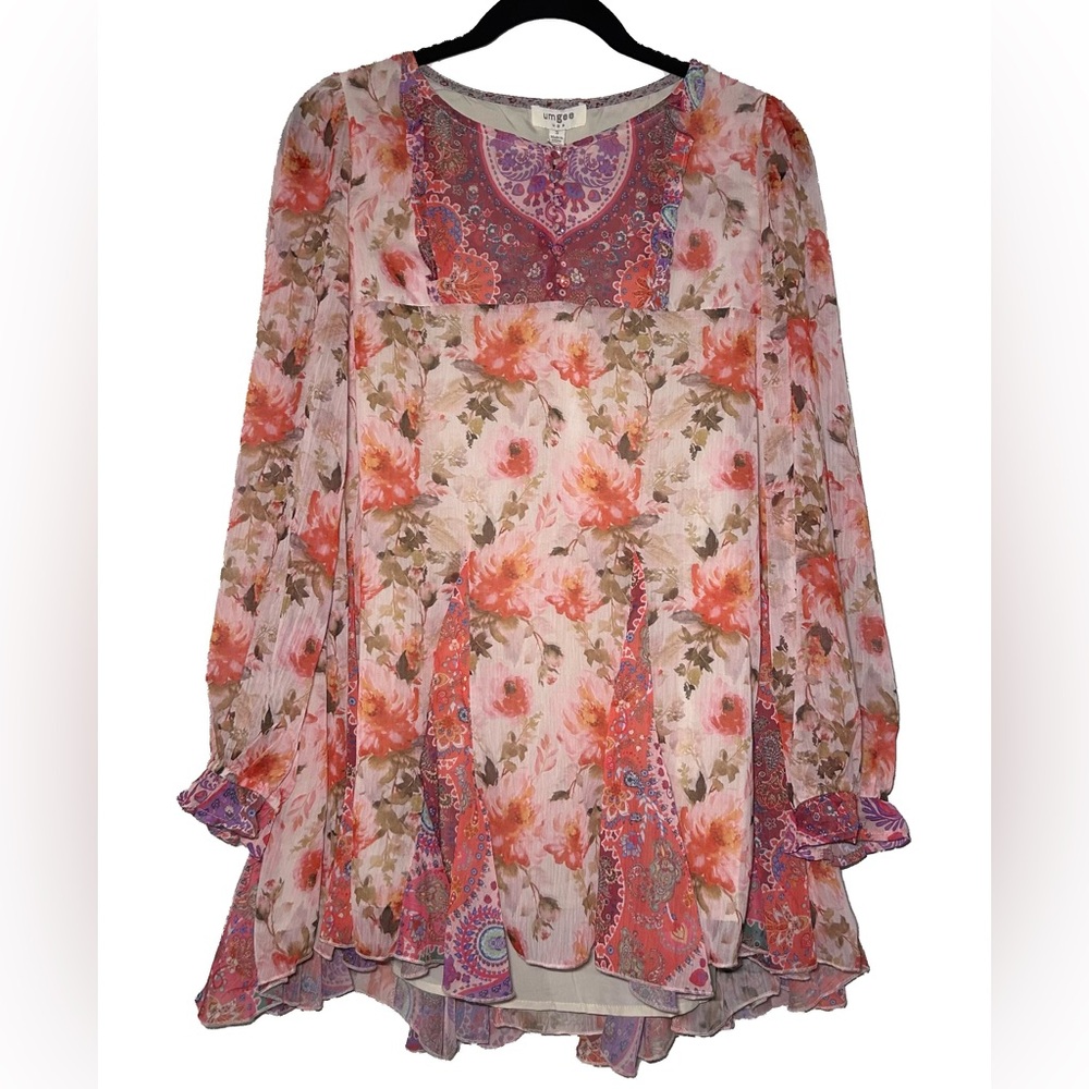 Umgee Floral Long Sleeve High Low Top / Mini Dress Small
